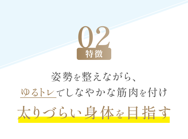 特徴02 姿勢を整えながら、ゆるトレでしなやかな筋肉を付け太りづらい身体を目指す